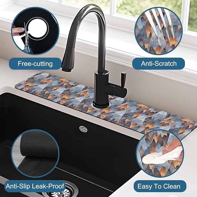 Abstract Mountain Sink Splash Guard Faucet Mat Mountain Landscape Super Absorbent Fast Drying Mat Sink Gadgets-Splash Guard Behind Faucet Drip Catcher for Kitchen Bathroom, 23.5"x5.5"