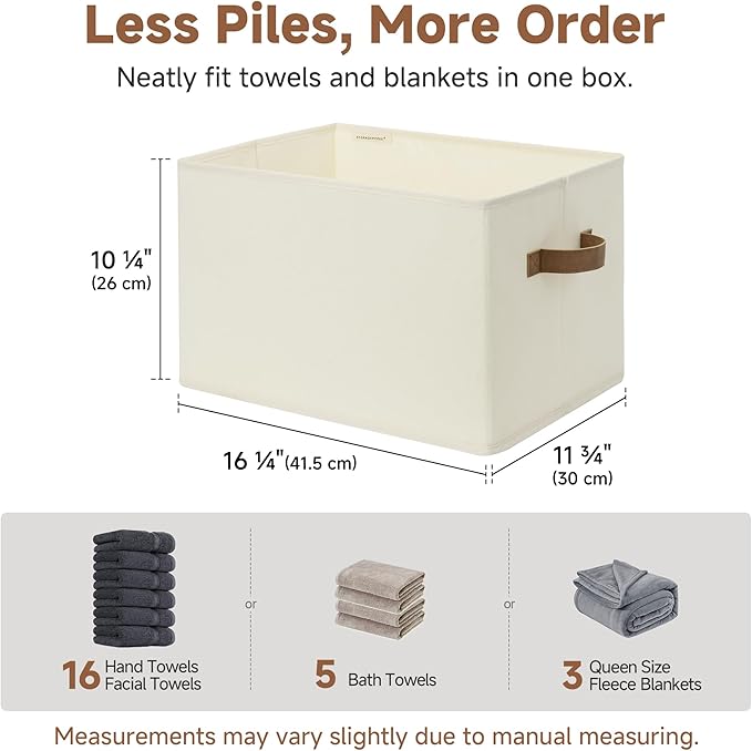 StorageWorks Foldable Storage Bins with PU Handles, Closet Storage Baskets, Fabric Bins for Clothes Storage, Ivory White, 3-Pack, Extra Large