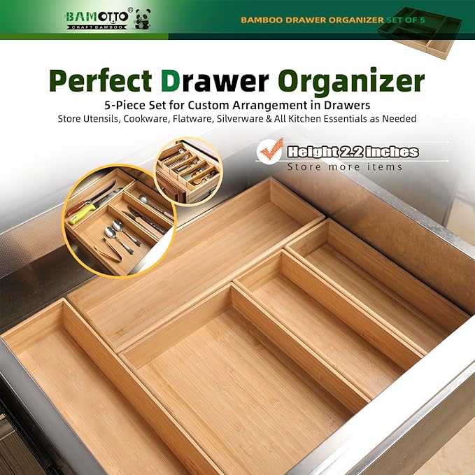 Stack Bamboo Drawer Organizer Set of 5, Kitchen Utensil, Flatware&Silverware Organizer-Wood Laminated Stackable for Kitchen, Bedroom, 13.4''x4.5''*2+10.2''x3.3''*2+10.2''x6.7''*1