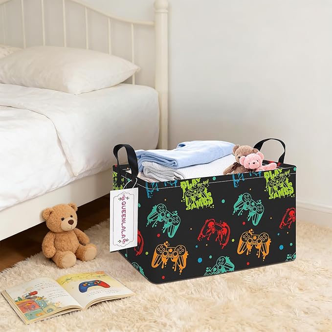 QUEENLALA Rectangular Laundry Hamper/Foldable Nursery Laundry Basket for Organizing/Storage Bin Baskets/Children Toy Office Bedroom/Toy Bin Closet Shelf Baskets (Rec-Black Game)
