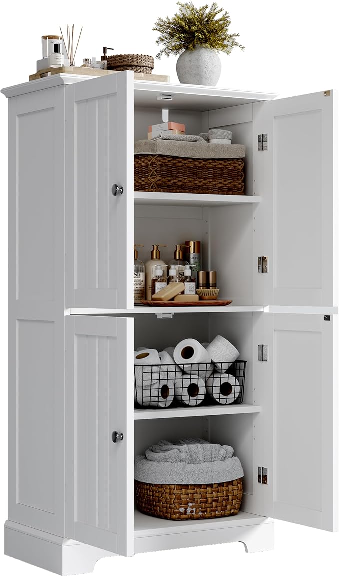 ChooChoo Bathroom Floor Cabinet, Modern Bathroom Storage Cabinet with 4 Doors and Adjustable Shelves, Freestanding Cupboard for Living Room, Kitchen Pantry, White