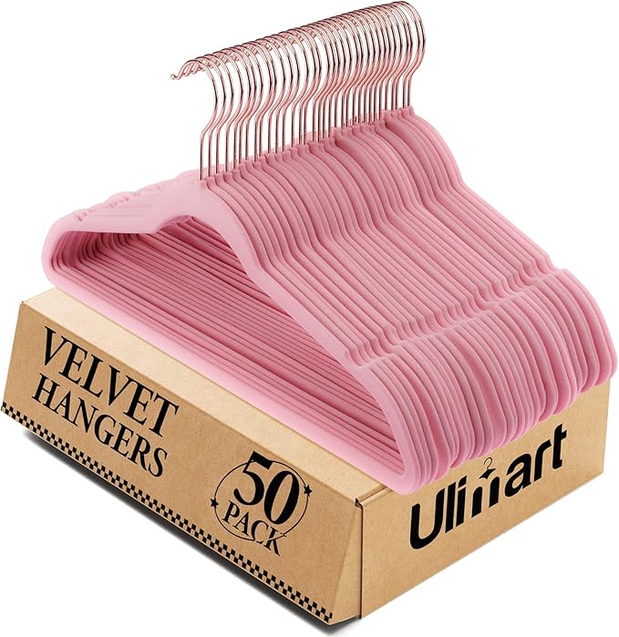 Anti-Slip Pink Velvet Hangers, 50 Pack, Non-Toxic, Durable, Space-Saving, Holds Up to 15 lbs