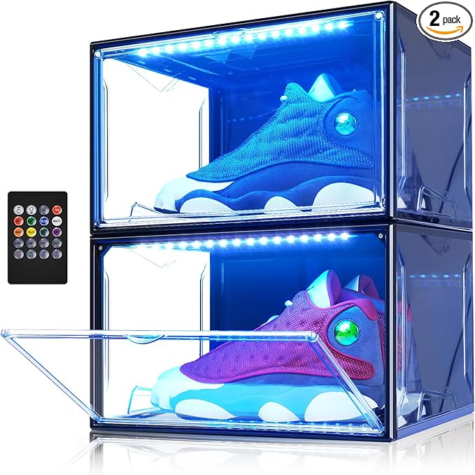 Shoe Storage Organizer for Closet, Foldable Shoe Boxes Rack 2 pack, Clear Plastic Stackable Containers Bins Holder, Magnetic Sneaker Shelf for Sneakerheads with LED Lights (Black)