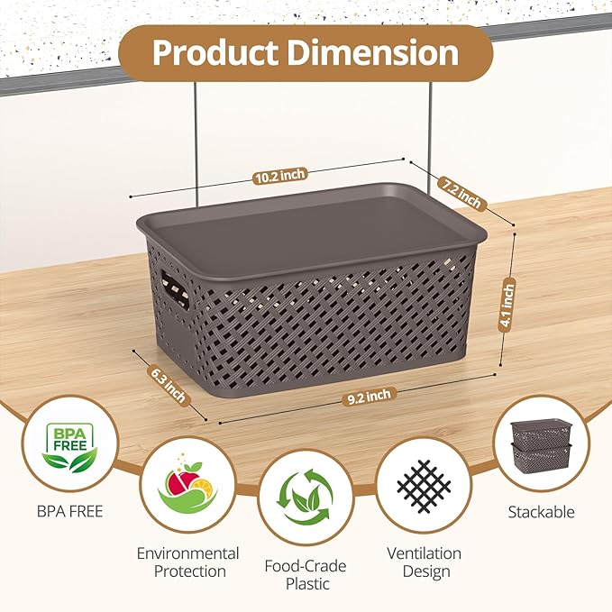 Plastic Storage Bins with Lid, Stackable Small Box Basket for Organizing and Containers for Shelves Drawers Desktop Closet Playroom Pantry Classroom Office Home, 6-pack 10.2x7.2x4.1 Inch, Brown