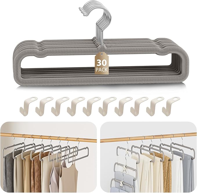 Velvet Felt Pants Hangers 30 Pack – Heavy Duty Space Saving Clothes Hangers with 360° Swivel Hook, Non-Slip Thin Design for Suits, Shirts, Coats, Dresses – Includes 30 Hooks (Gray)