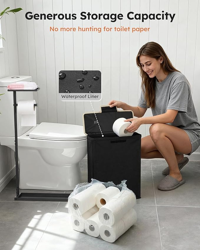 SOLEDI Freestanding Toilet Paper Holder Stand,Bathroom Toilet Paper Storage Organizer with Lid for up to 12 Rolls,Featuring Shelf and Sturdy Metal Base,Black
