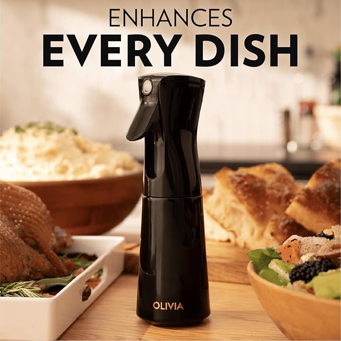 FLAIROSOL OLIVIA SIGNATURE Advanced Kitchen Oil Sprayer Technology, Continuous Fine Mist with Portion Control, Reusable Glass Olive Oil Spray Bottle, Anti-Drip & Leakproof, Black 200ml