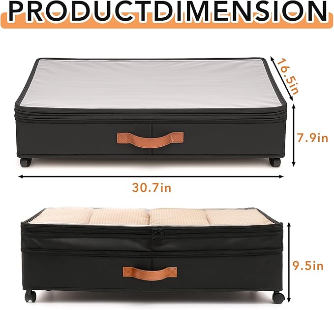 AVOKIHI 2 Pack Under Bed Storage with Wheels (Adjustable Height 7.9"-9.5"), 75L Rolling Underbed Storage Containers, Collapsible Metal Frame & Washable Fabric Drawer for Clothes, Shoes, Blankets
