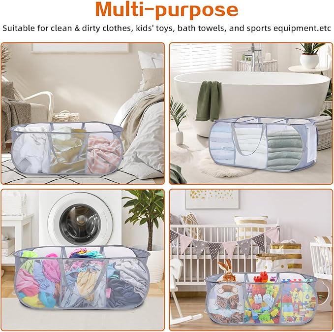 Durable Collapsible Foldable Pop Up Laundry Hamper, Sturdy 3 Compartments, Handy Pocket & Easy to Sort Clothes Hampers for Dorm, Kids Room, Travel - Grey
