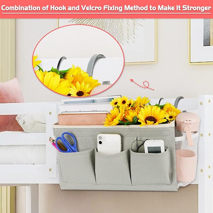 Loghot Bedside Caddy/Bedside Storage Bag Hanging Organizer for Bunk and Hospital Beds,Dorm Rooms Bed Rails,Can be Placed Glasses,Books,Mobile Phones,Keys (New Grey)