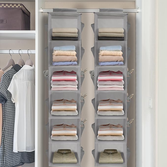 2Pack Hanging Closet Organizer, 6 Tier Hanging Storage Shelves, Foldable Clothes Organization, Wardrobe Organiser with 18 Side Pockets for Home Bedroom Organization Clothes Accessories