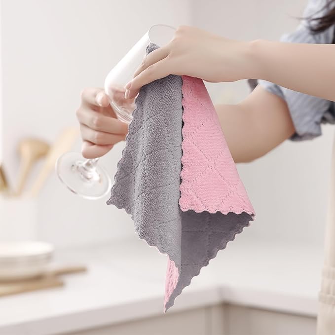 Homaxy 12 Pack Kitchen Cloths Dish Towels (10" x 10", Grey & Pink), Super Soft and Absorbent Dish Cloths, Coral Velvet Microfiber Cleaning Cloth, Nonstick Oil Fast Dry Dishcloths