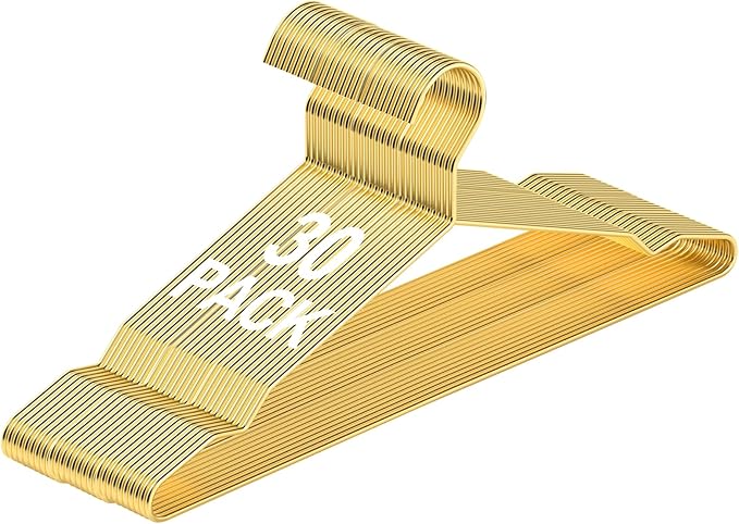SPECILITE Metal Wire Clothes Hangers Bulk 30 Pack with Notches for Standard Size Coats, Shirts, Suits, Pants, Heavy Duty, Space-Saving, Gold