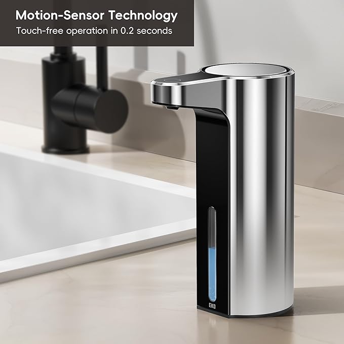 EKO Aroma 9 fl oz Automatic Liquid Soap Dispenser, Rechargeable & Water-Resistant for Kitchen and Bathroom with Adjustable Soap Dispensing Volume Control (Chrome Metallic)