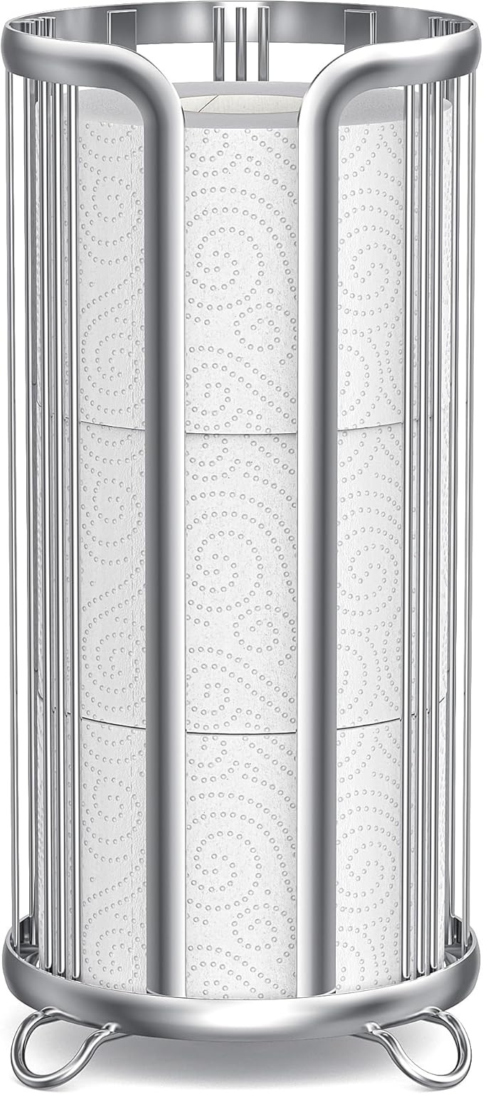 Toilet Paper Holder Stand, Freestanding Bathroom Tissue Organizer, Minimalistic Storage Solution, Reserve Mega Rolls,Stylish Bathroom Floor Toilet Paper Stand Silver