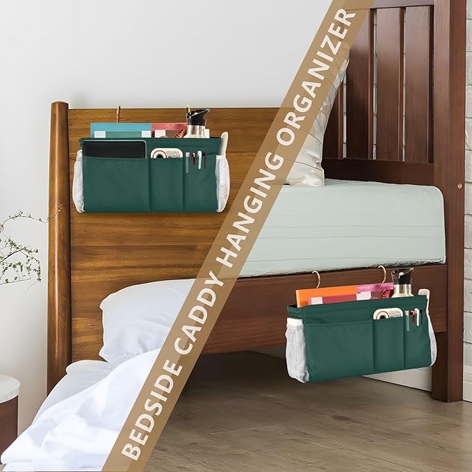 KOPIRIT Navy Cyan Bedside Caddy Storage Bag Bedside Organizer for Dorm Room Top Bunk Bed Organizer Caddy Hanging Shelf 6 Pockets with Hooks for Glasses Book Tablet Holder