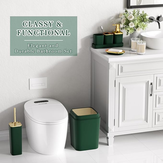 Bathroom Accessories Set, Green Bathroom Set, Dark Green Bathroom Accessory Set with Trash Can, Soap Dispenser, Soap Dish, Toothbrush Holder and Q-tip Holders