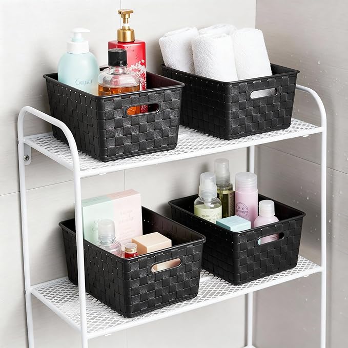 Bekith 5 Pack Woven Plastic Storage Basket, Small Plastic Storage Bin, Rectangular Cabinet Organizer for Home & Office, 9.8" L x 7" W x 4.5" H