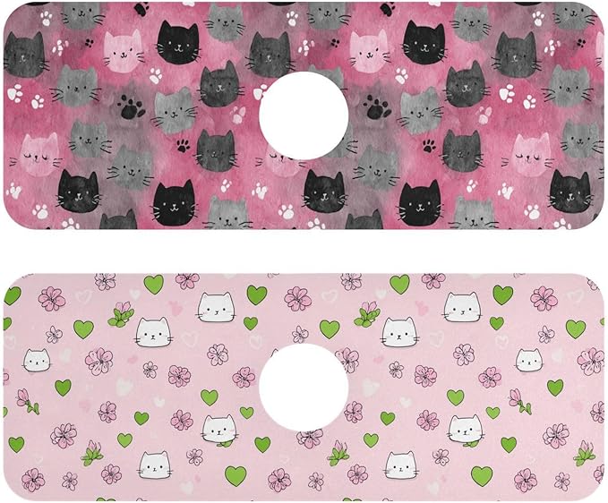 Watercolor Pink Cat Faces Paw Print Sakura Hearts Kitchen Sink Splash Guard Sink Faucet Mat Faucet Handle Drip Catcher Drain Mats for Kitchen Bathroom Countertop Absorb