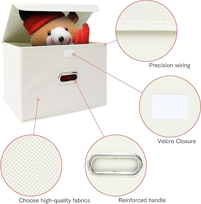 Linen Fabric Foldable Collapsible Storage Cube Bin Organizer Basket Fabric Storage Bins with Lid, Leather Handles, Removable Divider for Home, Closet, Creamy-White