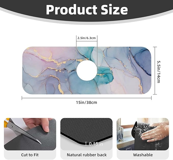 Colorful Marble Abstract Kitchen Sink Splash Guard Faucet Mat Super Absorbent Fast Drying Mat Sink Gadgets-Fast Drying Pad Sink Mat For Kitchen Bathroom (15" X 5.5" )