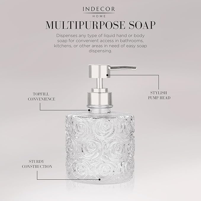 Marcella Glass Soap Dispenser with Soap Pump, Refillable 14 Ounce Capacity, Floral Design Rose Patterns, Heavy Weight Thick Glass for Bathroom, Premium Kitchen Soap Dispenser Clear