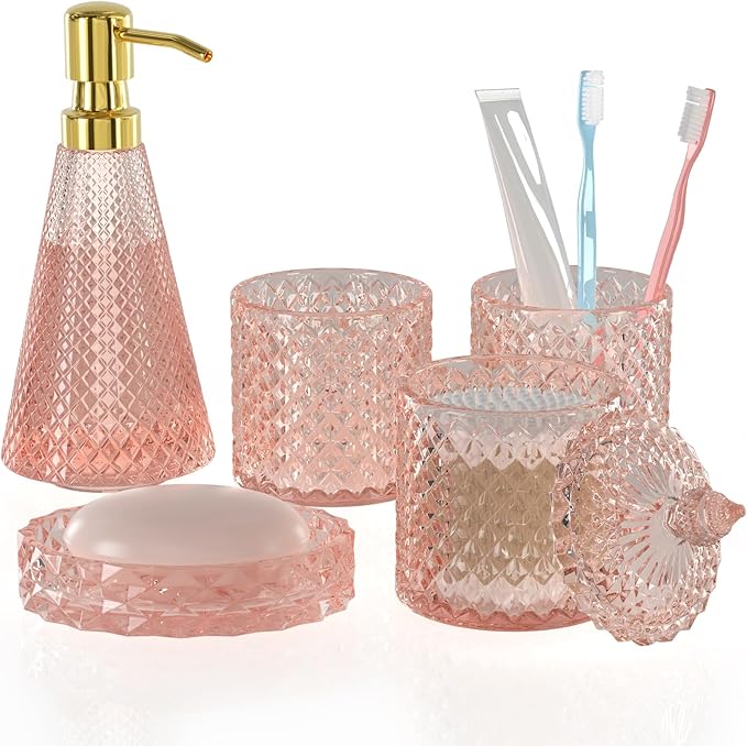 Pink Glass Bathroom Accessories Set 5 Pcs, Pink Bathroom Set, Soap Dispenser and Toothbrush Holder Set, Qtip Holder Set, Vintage Bathroom Sink Set, Cute Bathroom Decor