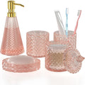 Pink Glass Bathroom Accessories Set 5 Pcs, Pink Bathroom Set, Soap Dispenser and Toothbrush Holder Set, Qtip Holder Set, Vintage Bathroom Sink Set, Cute Bathroom Decor