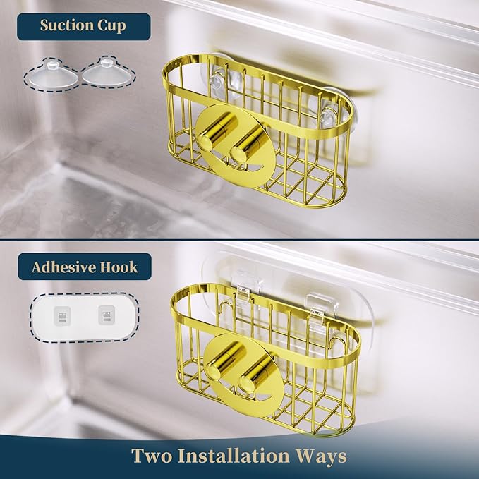 Consumest Sponge Holder Smiley Face - Kitchen Sink Caddy, Sink Organizer with Removable Suction Cups & Adhesive Strips, Suit for Sponge, Soap,Gold