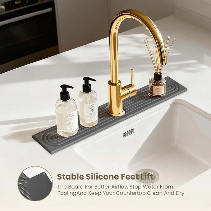 Faucet Mat for Kitchen Sink,Diatomite Fast Drying Stone Sink Tray,Faucet Splash Guard for Bathroom Counter [23.6"x4"],Super Absorbent, Prevents Moisture Buildup