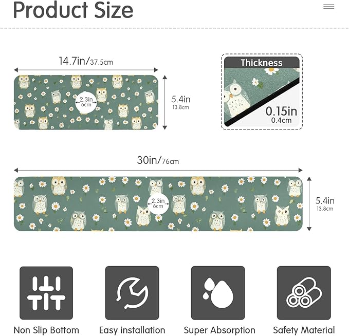 Kitchen Sink Splash Guard 2 PCS 14.7 Inch Sink Faucet Mat Splash Guard for Bathroom Countertop Water Absorbent Foldable Cuttable Soft Washable White Daisy Flower Owls