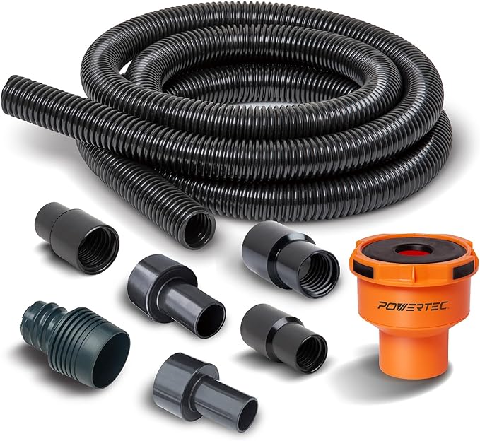 POWERTEC 70510 10 Ft. Vacuum Hose Dust Collection Kit with 5 Fittings, Tapered Reducer and Quick Connect Dust Port Adapter for Woodworking Power Tools, Home and Wet/Dry Shop Vacuums