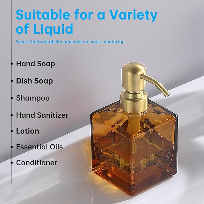 Square Bathroom Soap Dispenser Amber Bottle with Brushed Gold Pump, Retangle Cube 8.4 oz Glass Bottles with Stainless Steel Pump Hand Liquid Soap Dispenser Kitchen