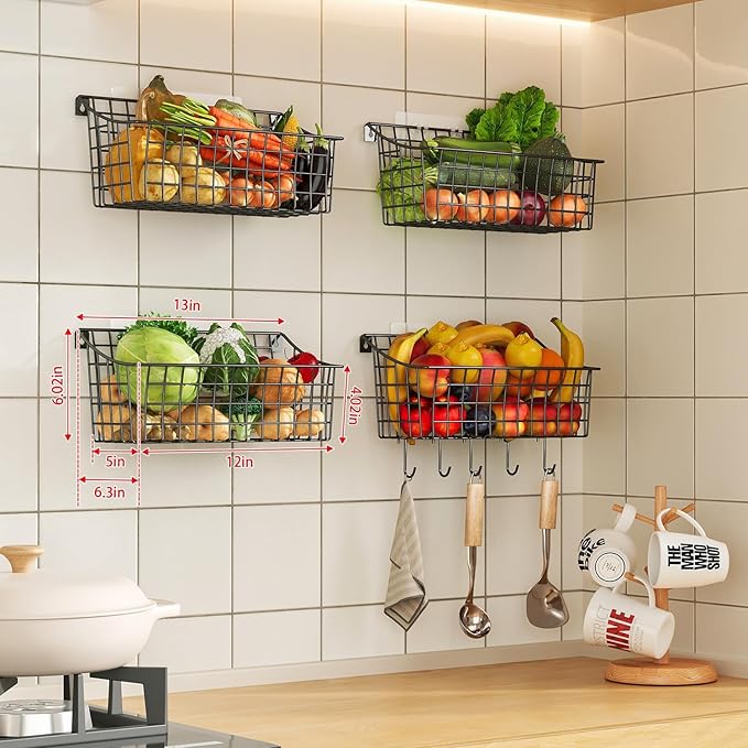 Sonyabecca 6 Pack Hanging Wall Basket for Organizing, Large Wire Basket for Storage Pantry with 5 S Hook+6 Adhesive Hook, Wall Mounted Shelf for Kitchen Bathroom