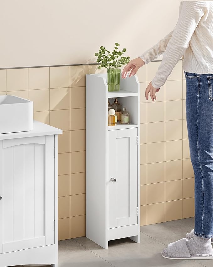 VASAGLE Small Storage Corner Floor Cabinet with Door, 7.9 x 7.1 x 31.5 Inches, Narrow Toilet Paper Storage Holder, Adjustable Shelves, for Bathroom, Living Room, Small Spaces, Cloud White UBBC310W01