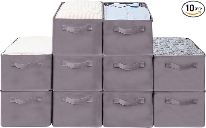Storage Basket Bins with Metal Frame, Large Collapsible Fabric Storage Baskets for Organizing Shelf, Basket Organizer W/Handles for Blankets, Towels, Laundry, Shelves, 10-Pack, Gray