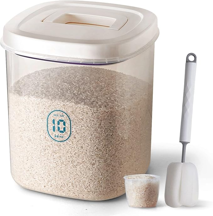 LivLab Rice Container 25 lbs,10.5 Qt/10 L/25 lbs Rice Dispenser Food Storage Bin with Measuring Cup & Brush Food Cereal Container Bins Household for Kitchen Pantry Organization(LG-10KG)