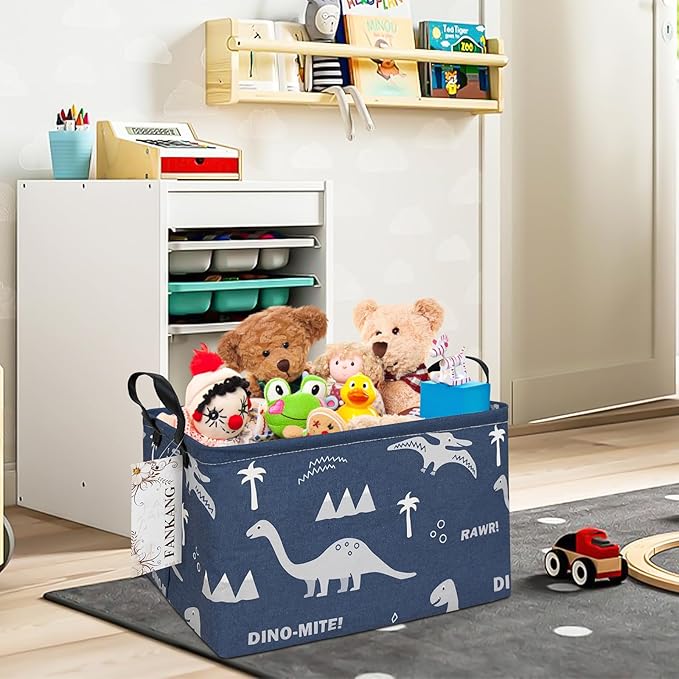 FANKANG Storage Bins, Nursery Hamper Canvas Laundry Basket Foldable with Waterproof PE Coating Large Storage Baskets for Kids Boys and Girls, Office, Bedroom, Clothes,Toys(Rec-Blue dinosaur）