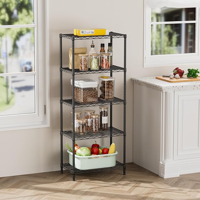 SINGAYE 5 Tier Storage Shelves Wire Shelving Unit Shelve Metal Kitchen Laundry Room Organization Home Pantry Closet Bathroom Organizers Garage Rack Estantes para Cocina 14" D x 24" W x 59.5" H Black