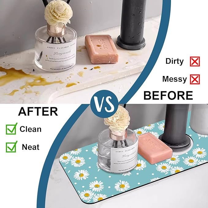 Cute Daisy Sink Faucet Absorbing Mat White Daisies Super Absorbent Fast Drying Mat Sink Gadgets Behind Faucet Sinkmat for Kitchen Bathroom, 15.5"x5.5"