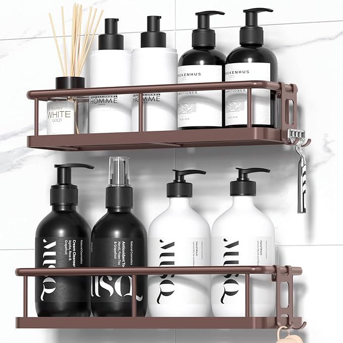 YASONIC Shower Caddy 2 Pack Rustproof Shower Organizer, Large Capacity Shower Shelves for Inside Shower, Bathroom Organizers and Storage with Soap Holder and 12 Hooks, Adhesive Shower Storage Bronze