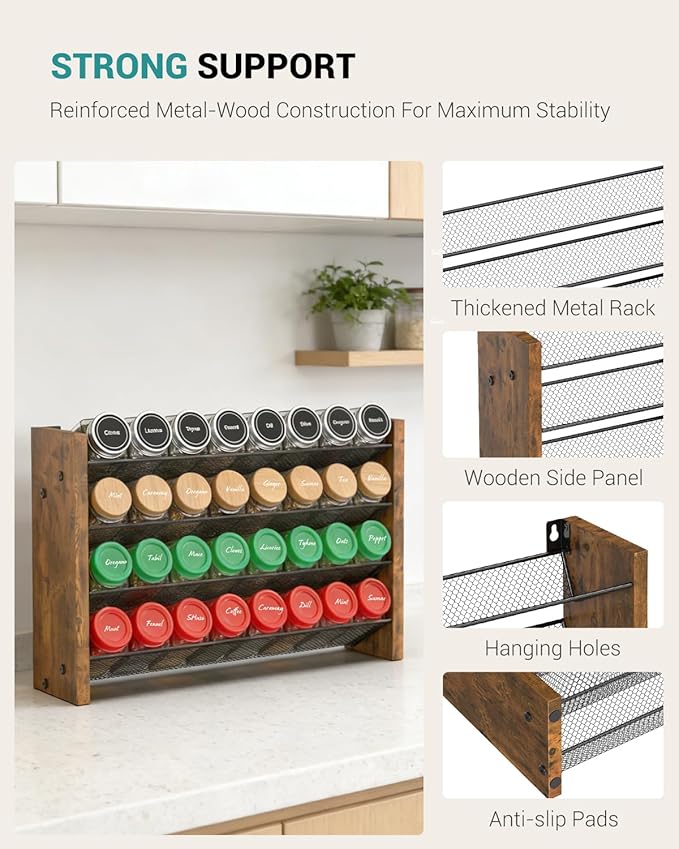 NESAPTO Spice Rack Organizer for Cabinet, Wooden 4 Tier Vertical Seasoning Organizers for Kitchen Pantry, Countertop/Wall Mount, Holds 32 Spice Jars (No Jars Included), 15.7" W × 9.4" H