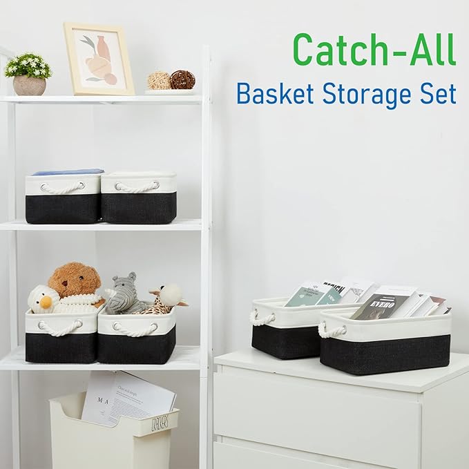 Bidtakay Small Canvas Storage Baskets with Handles Collapsible Rectangular Fabric Baskets for Dog Toys Small Toy Organizer Bins for Shelf Bookcase Linen Rectangle Bins for Nursery Baby Storage