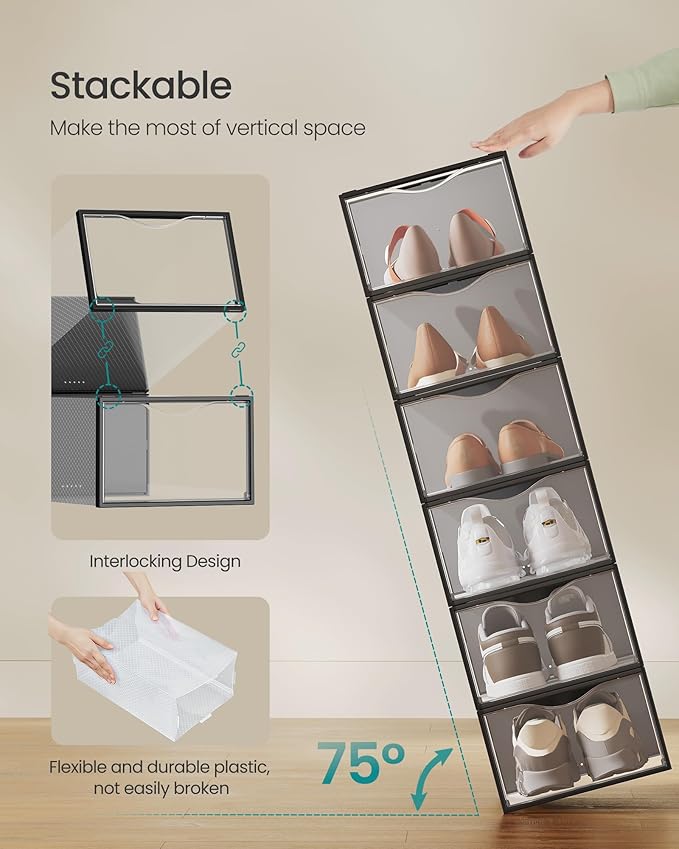 SONGMICS Shoe Boxes, Shoe Storage Organizers Rack for Closet, Plastic Stackable Sneaker Containers Case, 18 Pack, Transparent and Ink Black ULSP318B01