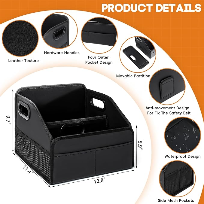Car Storage Organizer Reinforced Dividable Leather Car Caddy Basket for Front Seat Floor Back Sturdy Frosted Handle 8 Compartments Adjustable Strap Buckles Slip-Resistant for SUV Truck