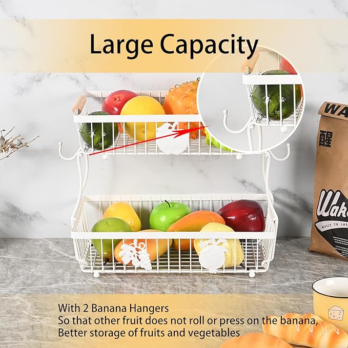 2 Tier Fruit Basket Bowl with 2 Banana Hangers, Fruit Stand Holder for Kitchen Countertop, Detachable Metal Wire Vegetable Storage Organizer, for Bread Snack Veggies Produce, white