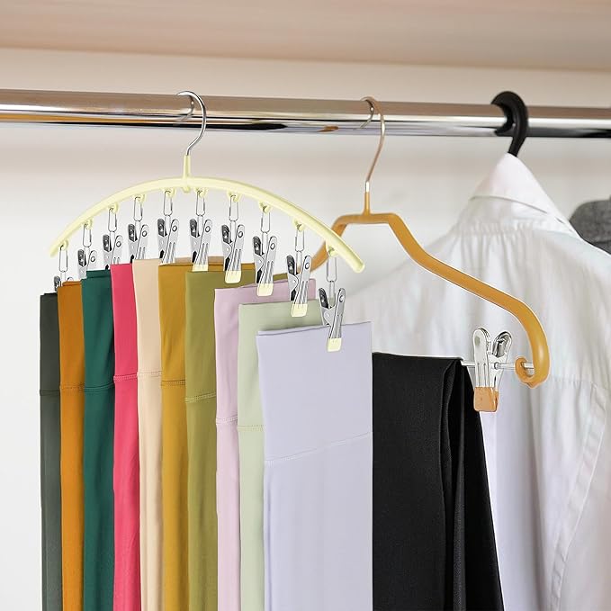 Legging Organizer for Closet, Metal Yoga Pants Hangers 2 Pack w/10 Clips Holds 20 Leggings, Space Saving Hanging Closet Organizer w/Rubber Coated Closet Organizers and Storage, Ivory