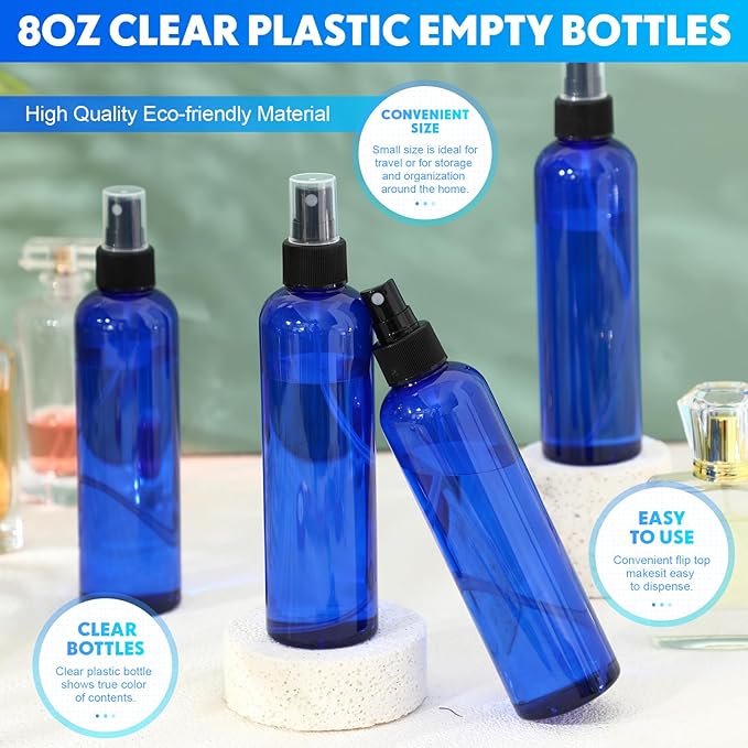 Eccliy 32 Pcs 8 oz Spray Bottles Fine Mist Plastic Spray Bottles Clear Empty Sprayer Hairs Refillable Travel Sprayer with Pump Cap for Cleaning Oils Travel Perfumes(Blue,Clear)