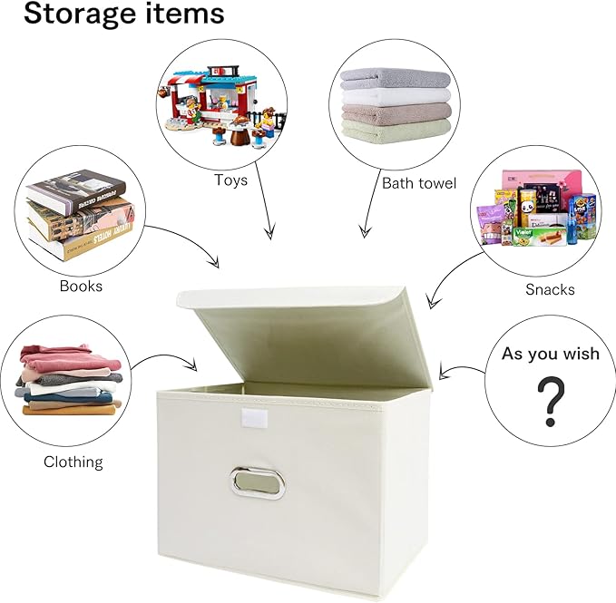 Linen Fabric Foldable Collapsible Storage Cube Bin Organizer Basket Fabric Storage Bins with Lid, Leather Handles, Removable Divider for Home, Closet, Creamy-White