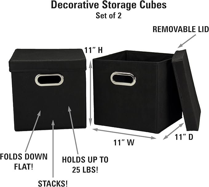 Household Essentials 34-1 Decorative Storage Cube Set with Removable Lids | Black | 2-Pack